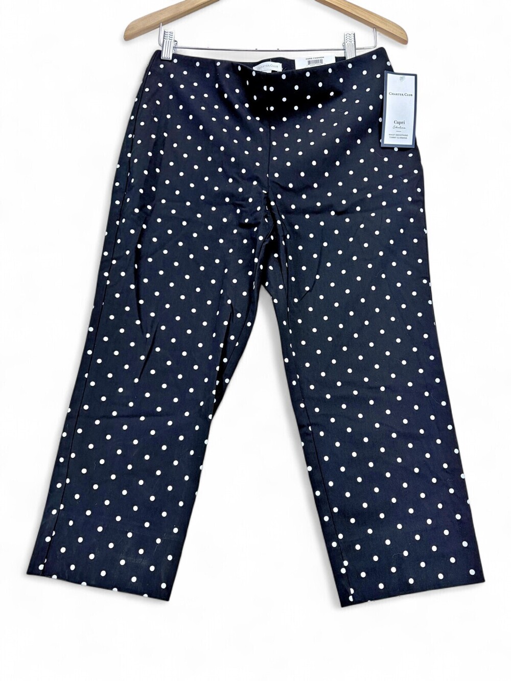 Charter Club Polka Dot Chelsea Capris 12P Petite Black White Tummy Slimming NEW